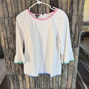 Talbots White Blouse with Pink and Blue Trim